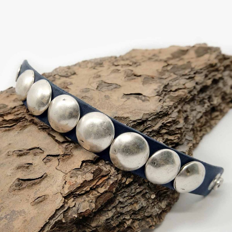 Blue Leather Bracelet with Domed Rivets