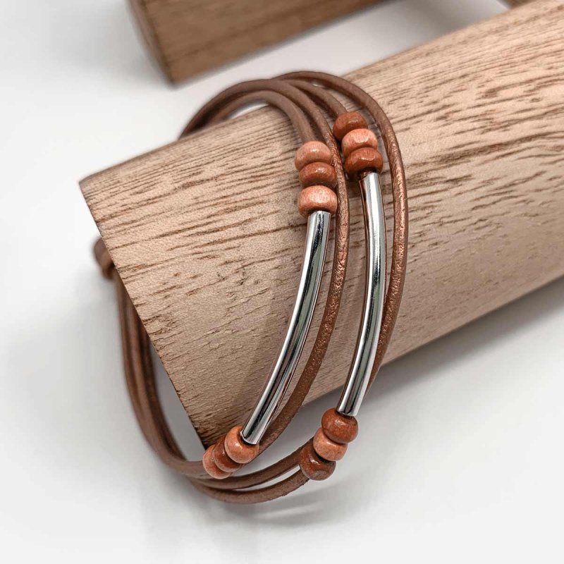 Leather Wrap Bracelet with Wood Beads