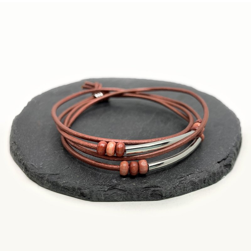 Leather Wrap Bracelet with Wood Beads