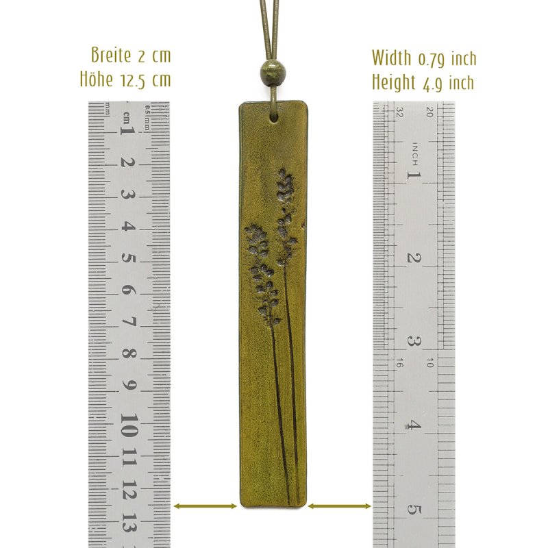 Olive green grasses pendant on adjustable leather necklace