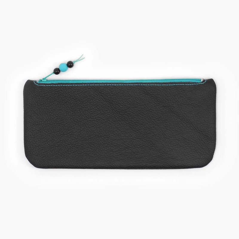 Black Leather Pencil Case with Contrasting Blue Zipper