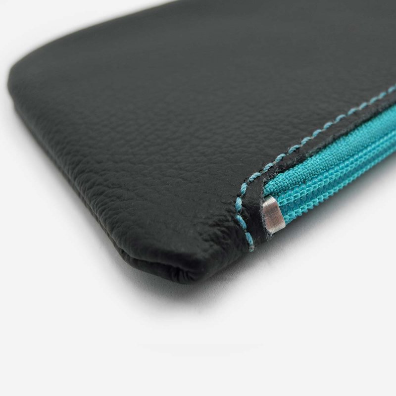 Leather Pencil Case with Contrasting Blue Zipper