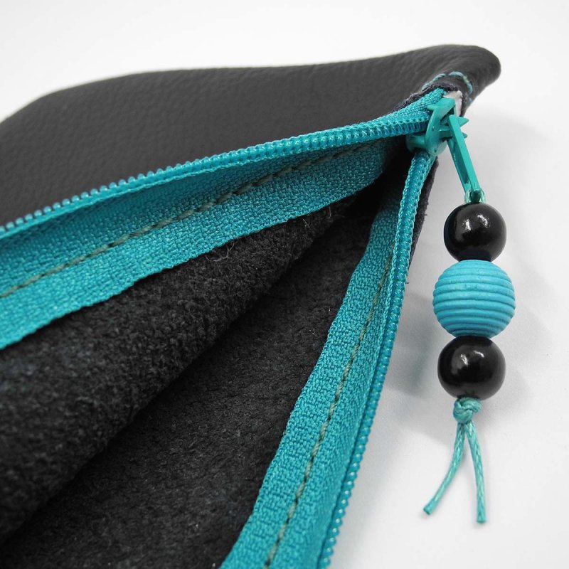 Black Leather Pencil Pouch with Contrasting Blue Zipper