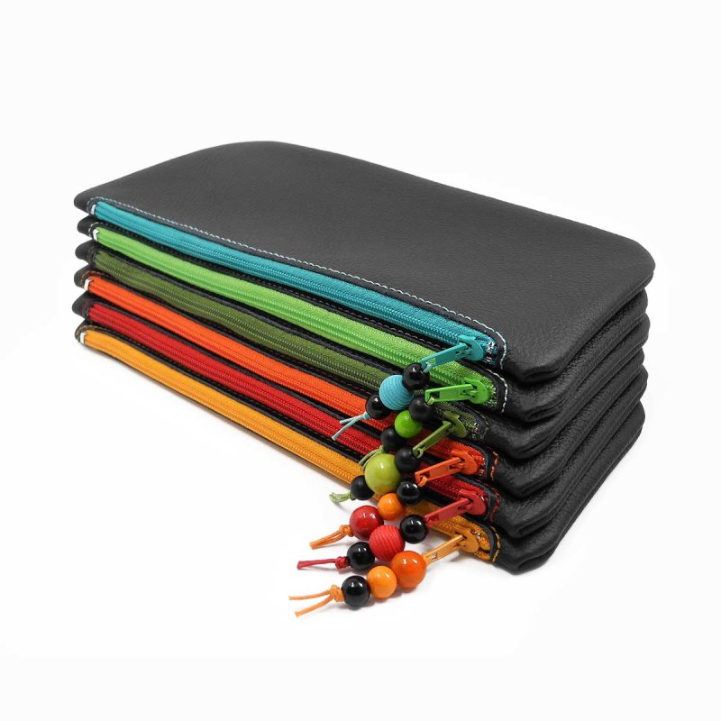 Black Leather Pouch with Contrasting Blue Zipper